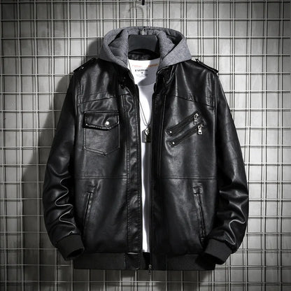 Men’s Hooded PU Leather Jacket – Winter Coat