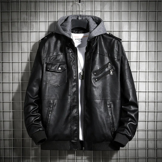 Men’s Hooded PU Leather Jacket – Winter Coat