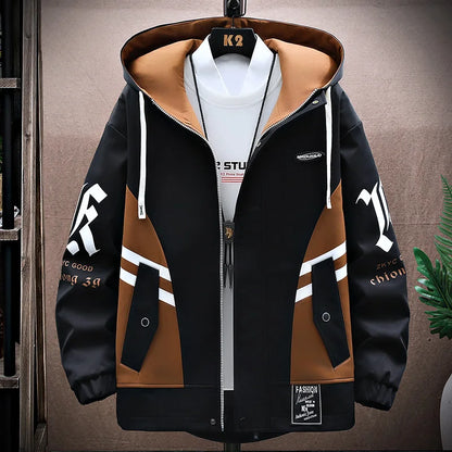 Men's Hooded Patchwork Jacket  Autumn Windbreaker Streetwear