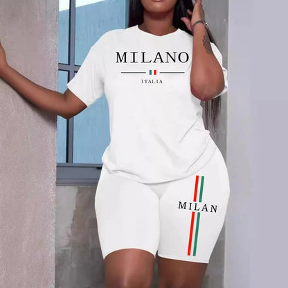Milan Letter Women's Summer T-Shirt & Shorts Set