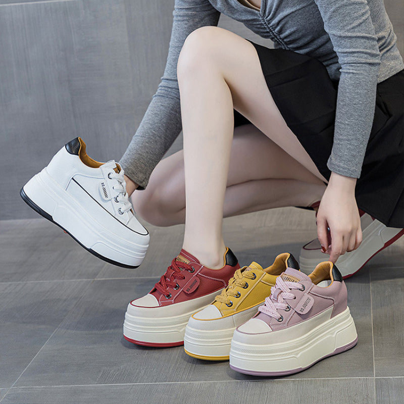 Fujin 9cm cow suede leather women platform wedge shoes, casual summer heels