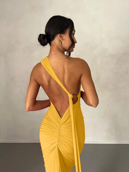 Hugcitar One Shoulder Backless Ruched Maxi Dress Women Y2K