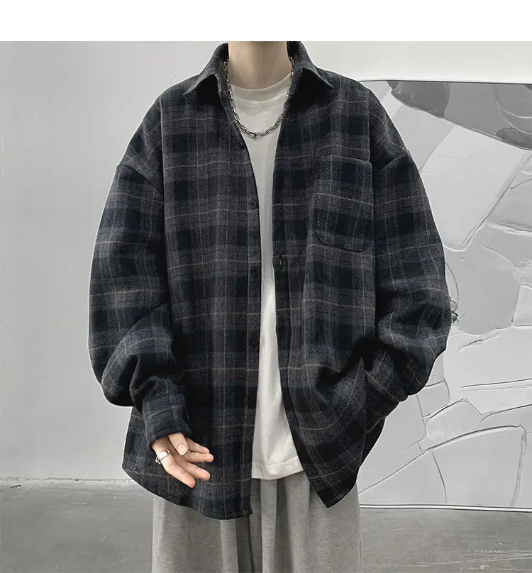 Vintage Korean Flannel Shirt Y2K Plaid Streetwear Winter