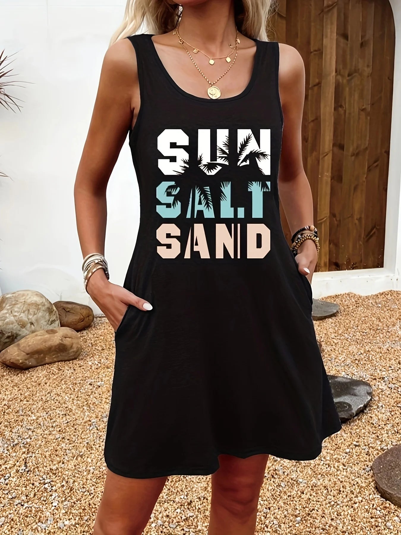 Sexy Summer Sleeveless Mini Dress – Black Print