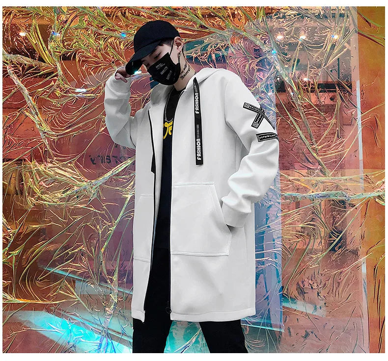Men 5XL Hooded Long Jacket, Black & White, Hip Hop Streetwear