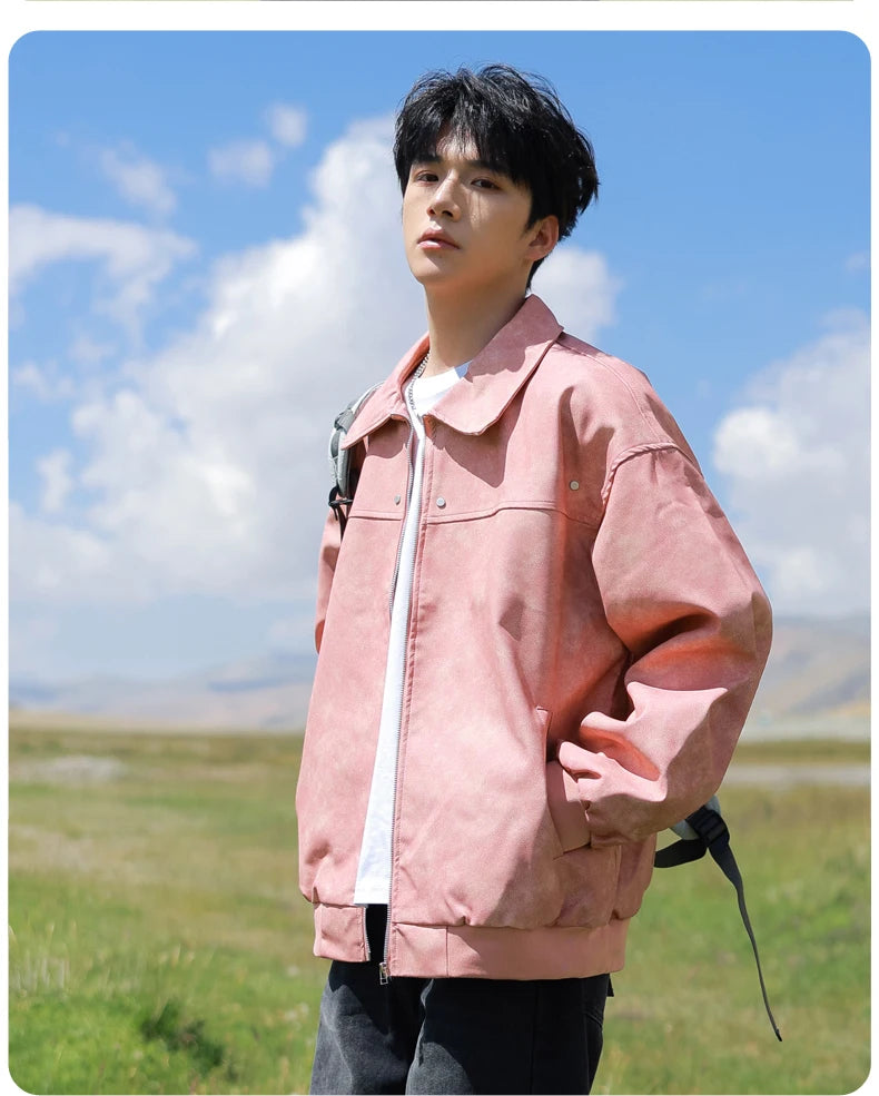 Men's Korean PU Leather Biker Jacket Brown Zipper Coat