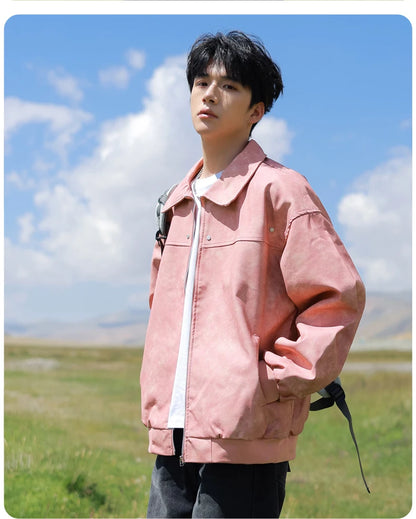 Men's Korean PU Leather Biker Jacket Brown Zipper Coat