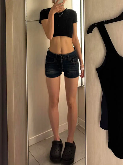 Women's Blue Distressed Denim Shorts – Low Rise Skinny