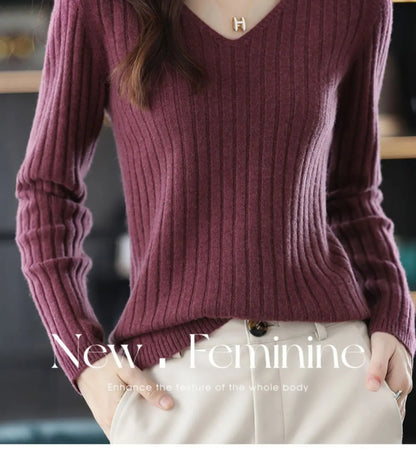 Women V-Neck Knitted Sweater Long Sleeve Top