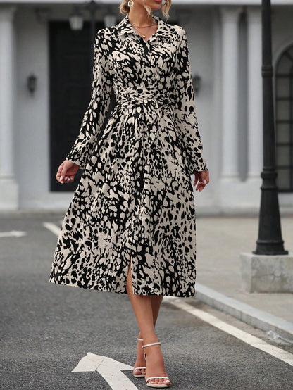 Elegant belted midi shirt dress, long sleeve, office casual
