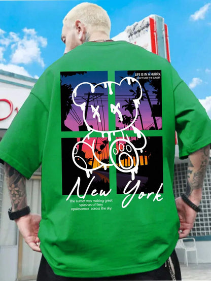 New York Art Cartoon Bear Sunset Cotton T-Shirt