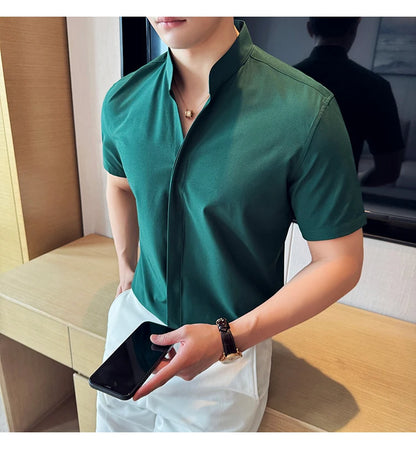 Men’s stand collar V-neck stretch shirt white fashion