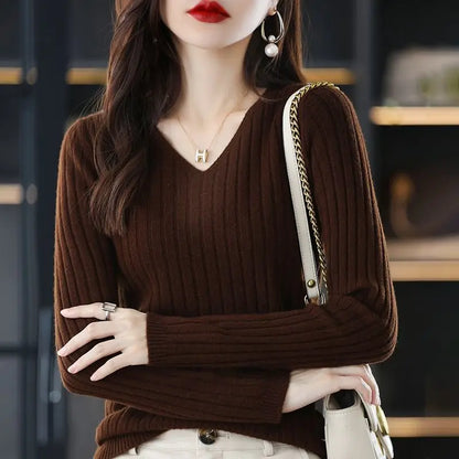 Women V-Neck Knitted Sweater Long Sleeve Top