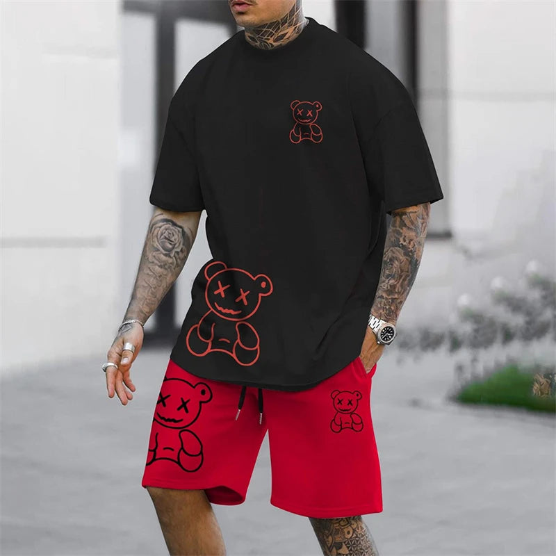 Harajuku Fun Bear Men's Summer Two-Piece Set