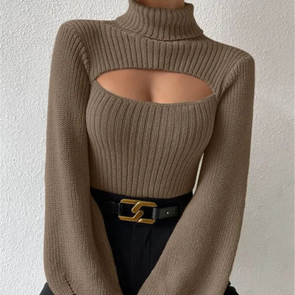 Sexy loose sweater with high neck and hollow design