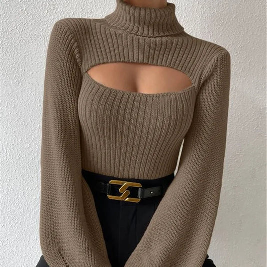 Sexy loose sweater with high neck and hollow design