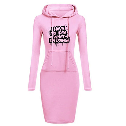 Women's Hooded Dress Long Sleeve Drawstring Text Print