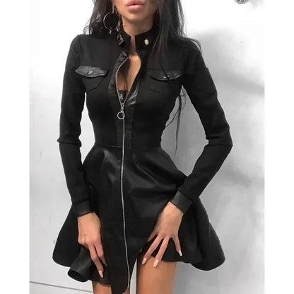 Women's PU Leather Long Sleeve Dress – Zipper Pocket, Stand Collar