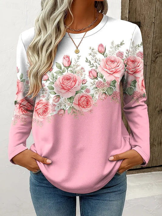 Women's Casual Floral Long Sleeve O-neck Top