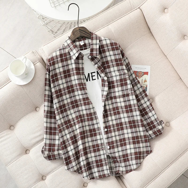 Women's plaid flannel shirt, loose fit, spring casual style