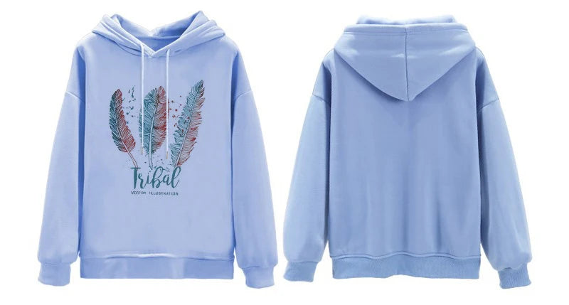 Women’s Feather Print Hoodie - Autumn Winter Casual
