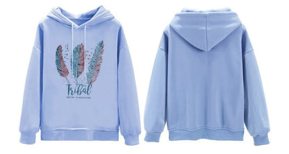 Women’s Feather Print Hoodie - Autumn Winter Casual