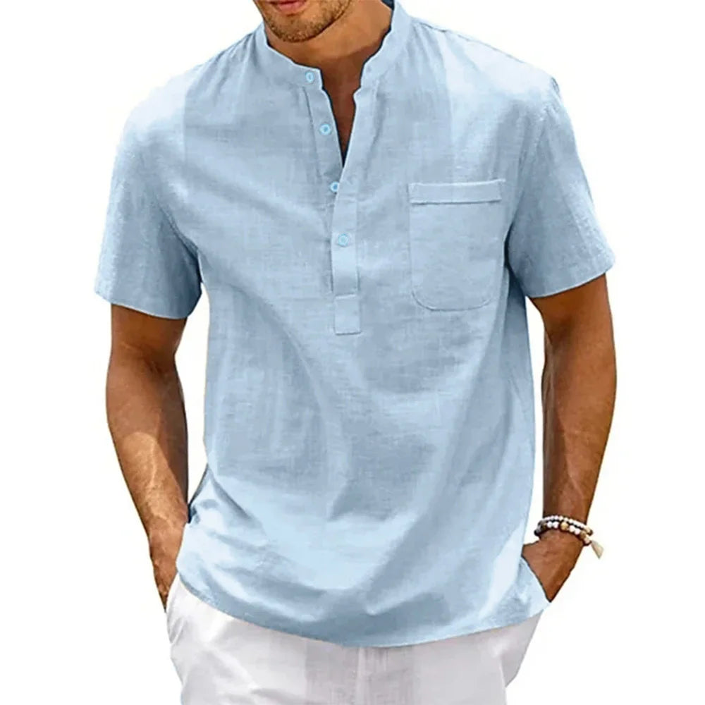 Men's Cotton Linen Henley Pocket Tee Casual Summer Shirt