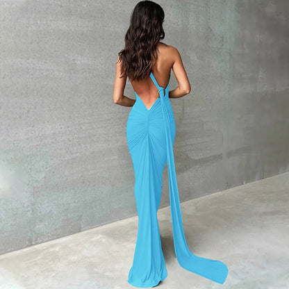 Hugcitar One Shoulder Backless Ruched Maxi Dress Women Y2K