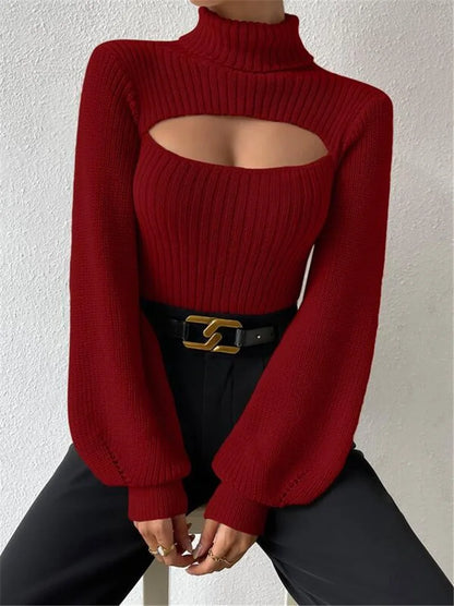 Sexy loose sweater with high neck and hollow design