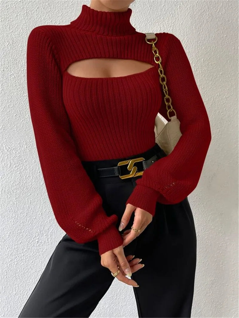 Sexy loose sweater with high neck and hollow design