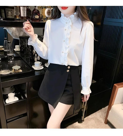 Elegant French style white women’s shirt, long sleeve top
