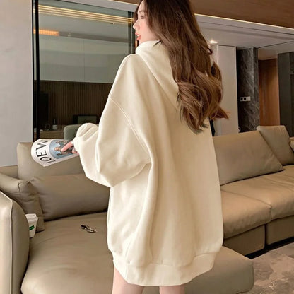 Women Embroidered Zip-Up Hoodie Casual Loose Streetwear Sweatshirt