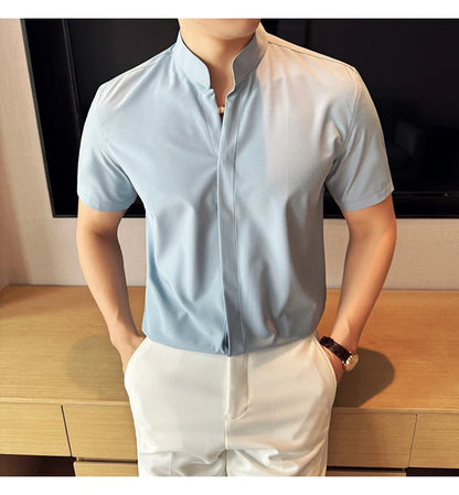 Men’s stand collar V-neck stretch shirt white fashion