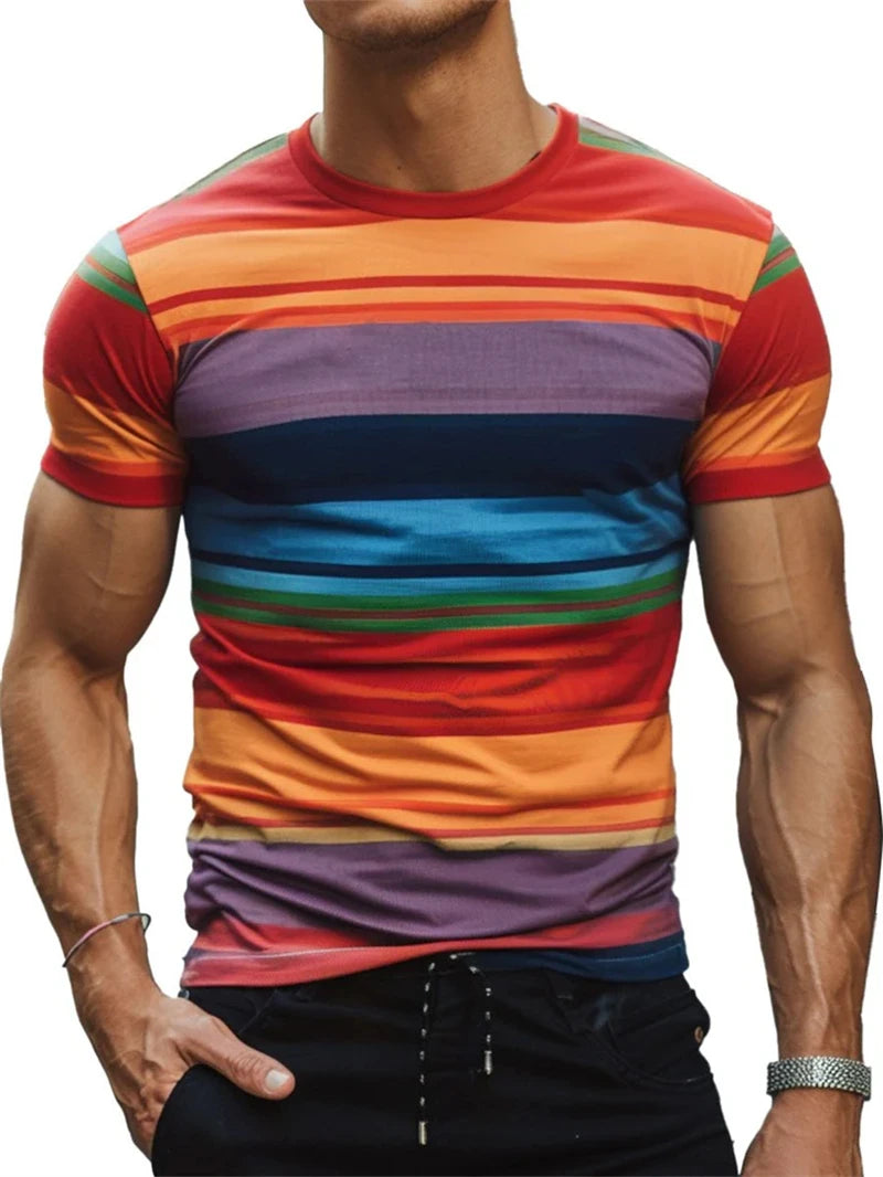 Men's Stripe Graphic Summer Tee – Casual 3D T-Shirt