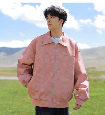 Men's Korean PU Leather Biker Jacket Brown Zipper Coat