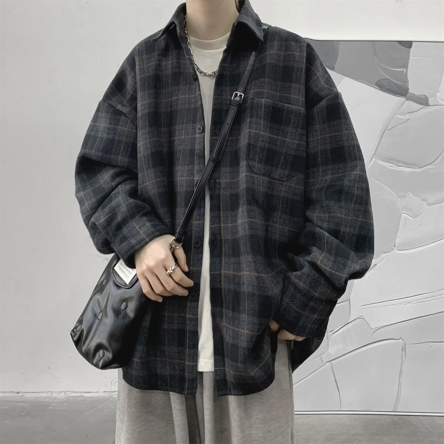 Vintage Korean Flannel Shirt Y2K Plaid Streetwear Winter