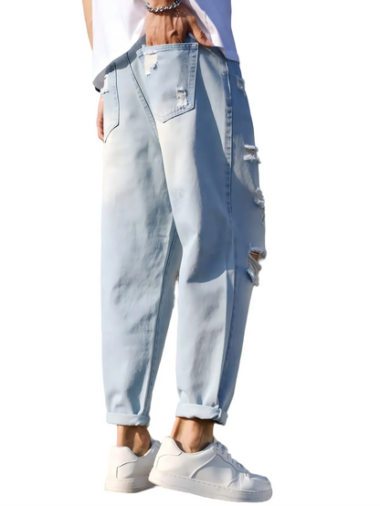 Men's Ripped Blue Loose Cropped Jeans – Autumn Harem Pants