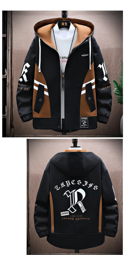 Men's Hooded Patchwork Jacket  Autumn Windbreaker Streetwear