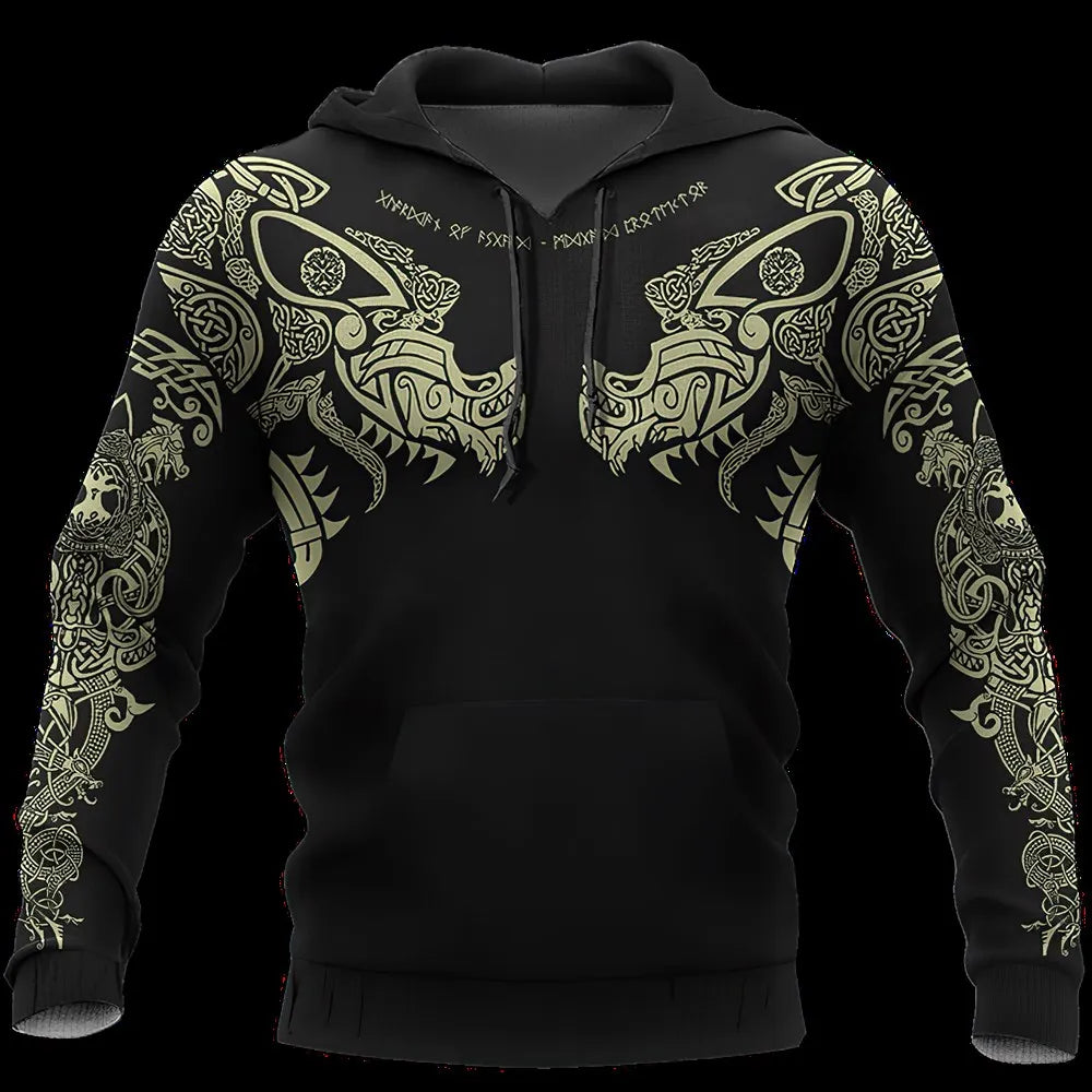 Men's 3D Wolf & Dragon Tattoo Hoodie  Retro Vintage Unisex Sweatshirt