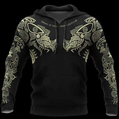 Men's 3D Wolf & Dragon Tattoo Hoodie  Retro Vintage Unisex Sweatshirt
