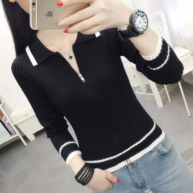 Autumn Spring Women Knitted Pullover Sweater Casual V-Neck Zipper Top