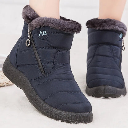 Stylish women's ankle boots with fur, low heels, waterproof winter shoes