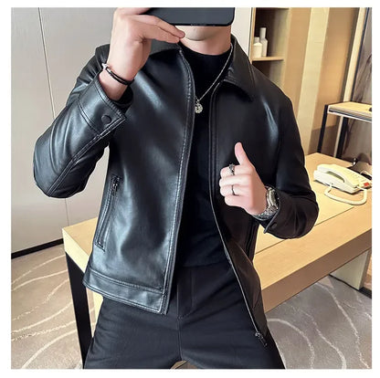 Men Bomber PU Leather Jacket – Slim Fit Casual Motorcycle Coat 2024