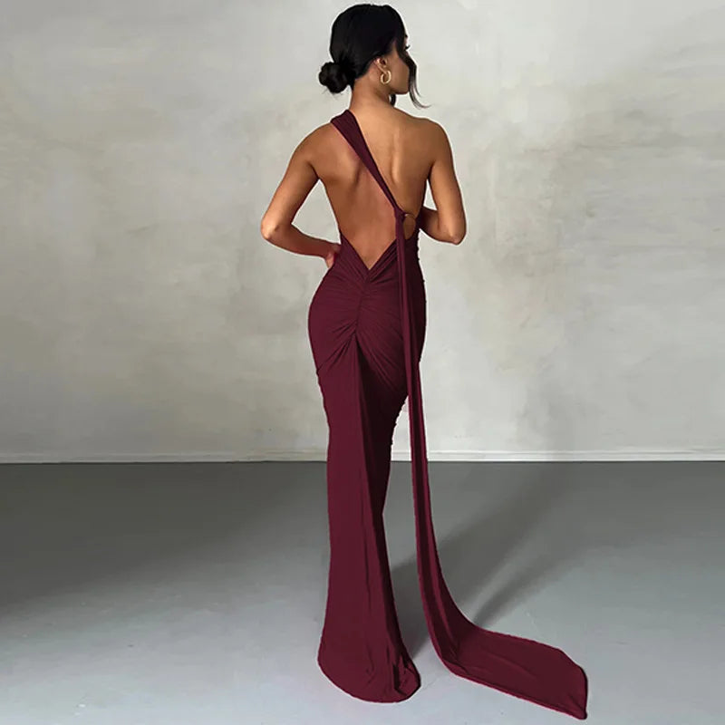 Hugcitar One Shoulder Backless Ruched Maxi Dress Women Y2K