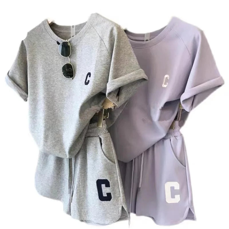 Women C Letter Tracksuit – Tee & Shorts Set