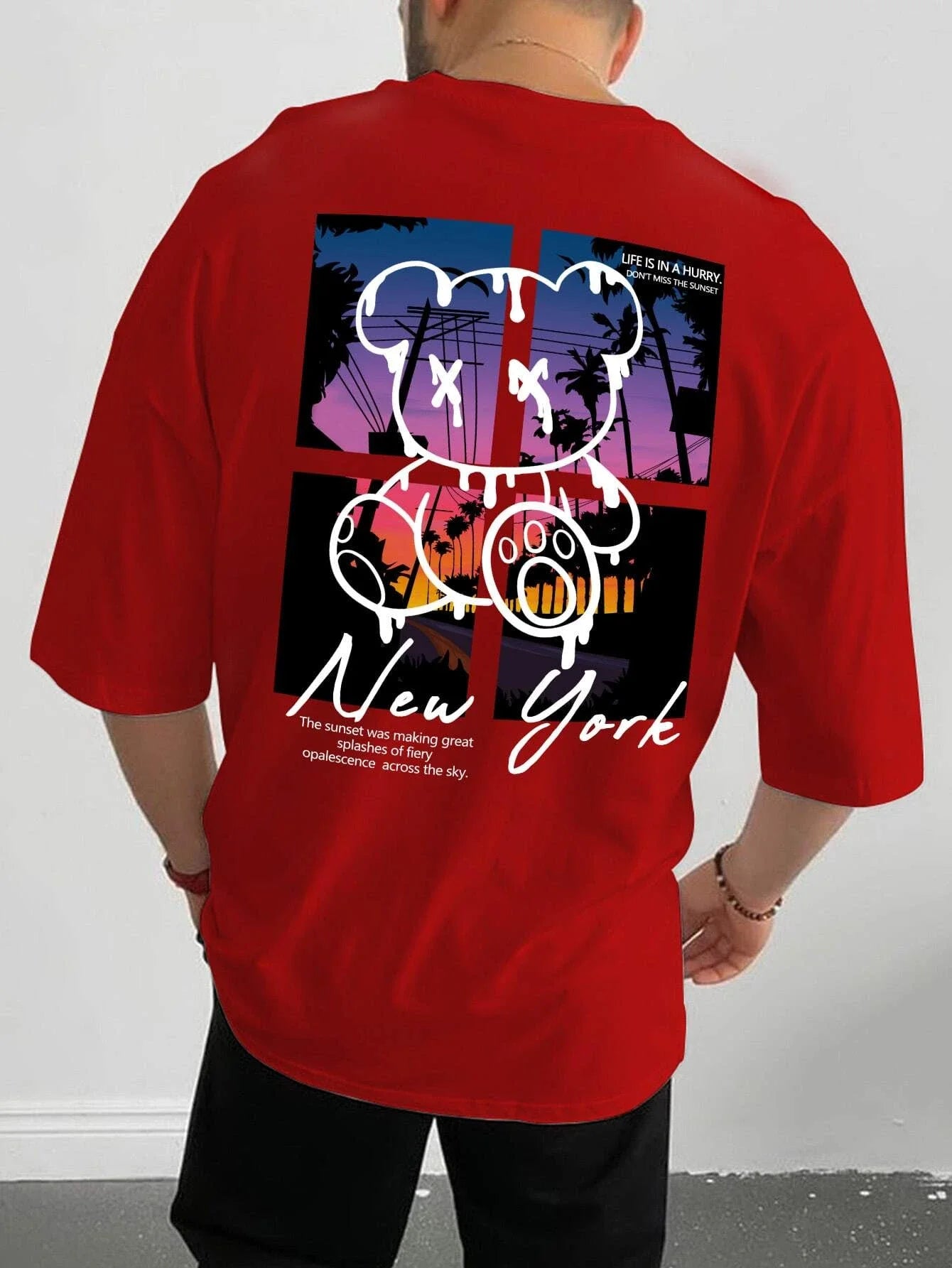 New York Art Cartoon Bear Sunset Cotton T-Shirt