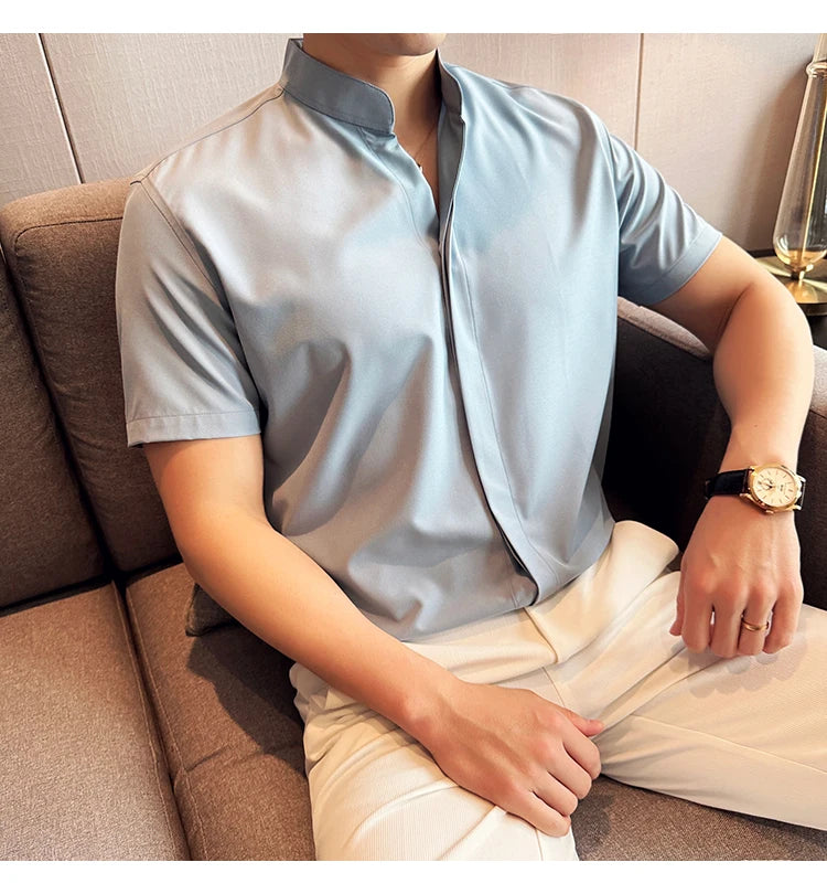 Men’s stand collar V-neck stretch shirt white fashion