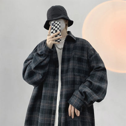 Vintage Korean Flannel Shirt Y2K Plaid Streetwear Winter
