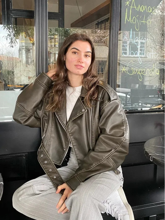 BBWM Women PU Leather Biker Jacket with Belt