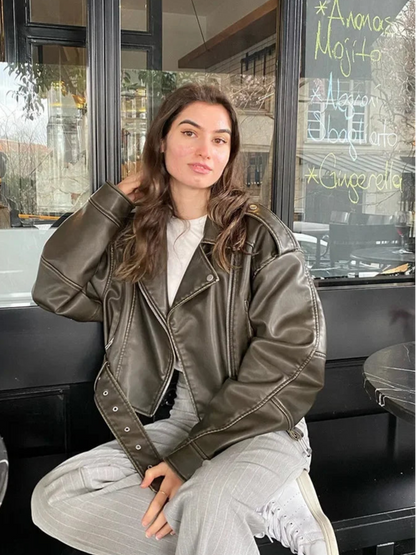 BBWM Women PU Leather Biker Jacket with Belt